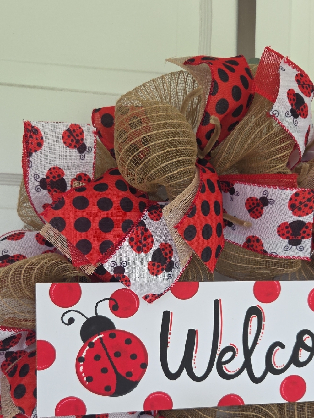 Welcome Ladybug Wreath Burlap Farmhouse Wreath Summer Wreath Ladybug Door Decor - Picture 5 of 8